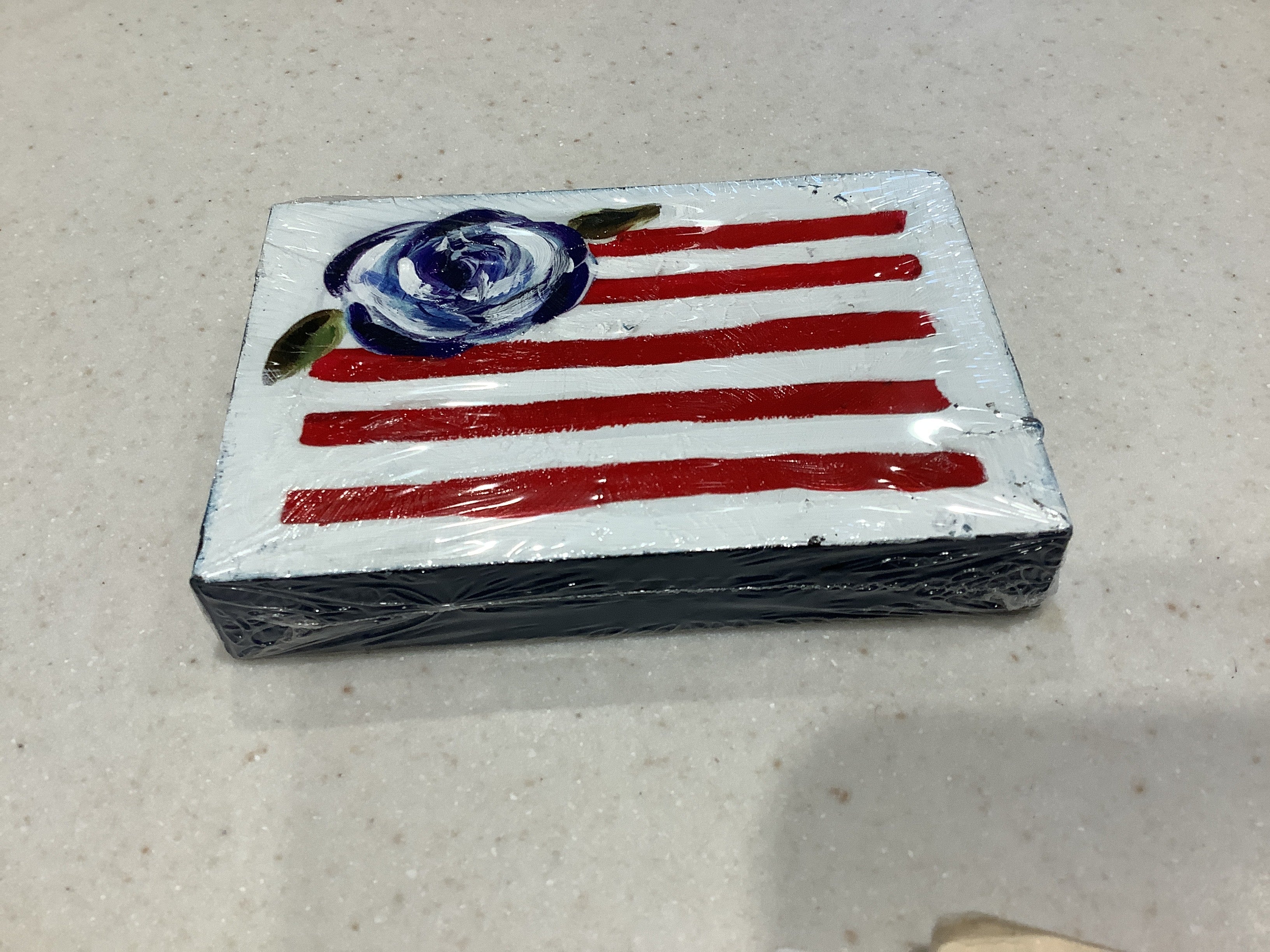Flag Block Plaque with One Blue Flower