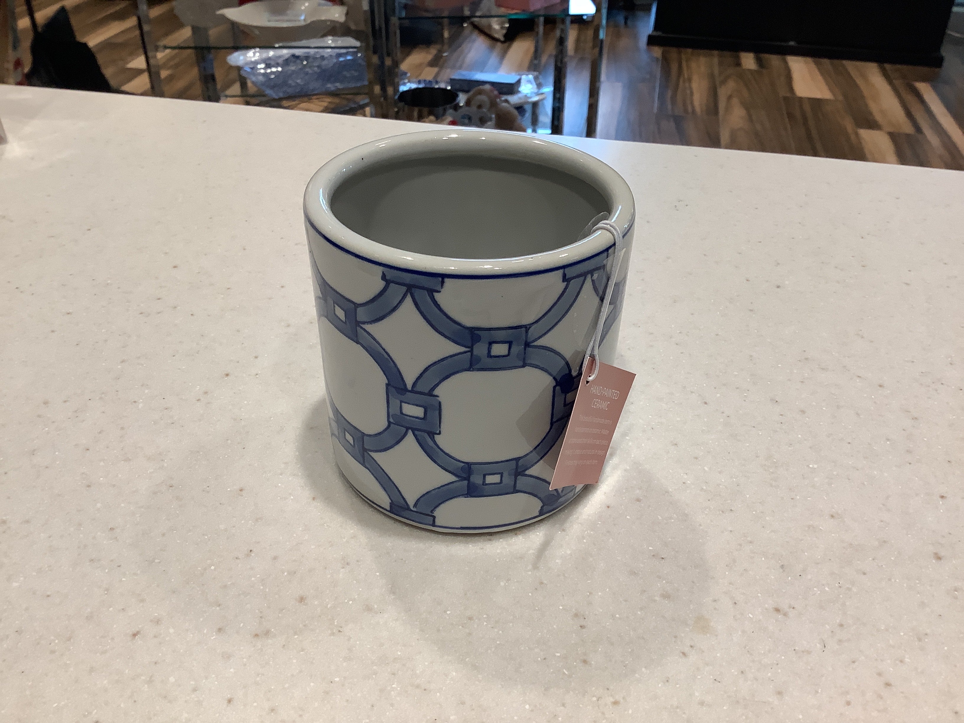 Hand painted Ceramic Blue & Cream Geometric pencil Cup or planter