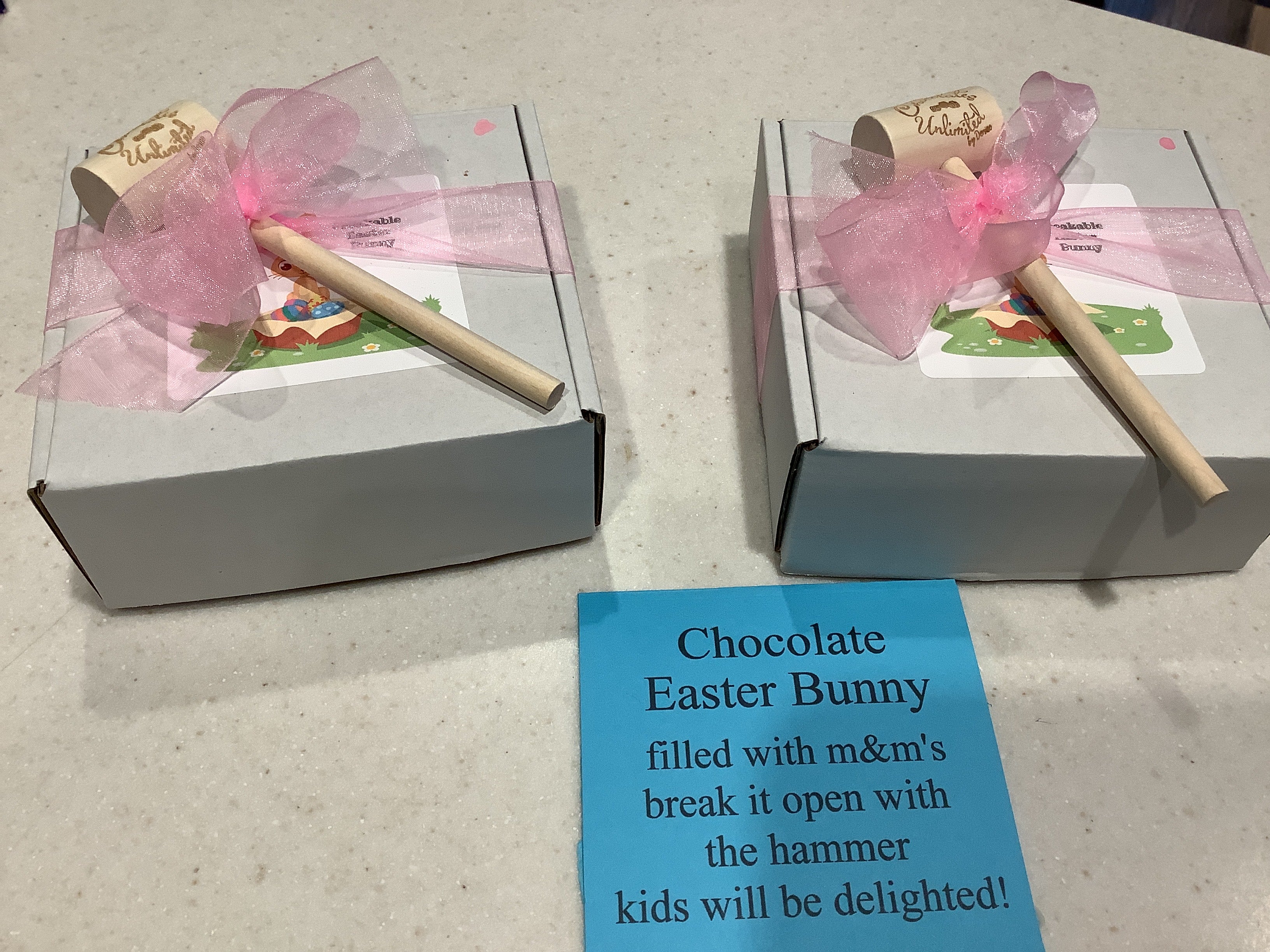 Chocolate Easter Bunny filled with M & M’s with Hammer